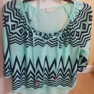 High low Size Small Three Quarter Sleeve Mint and Navy Blue Chevron Top